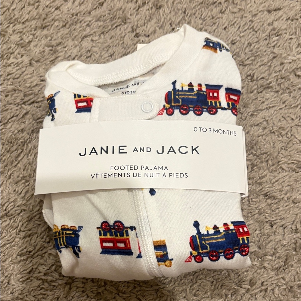 Janie and Jack White Footed One-Piece with Colorful Train Print